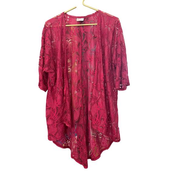 LuLaRoe Pink Lace Open Front Top Elbow Sleeve High Low Hem Oversized Size S EUC - Picture 2 of 6
